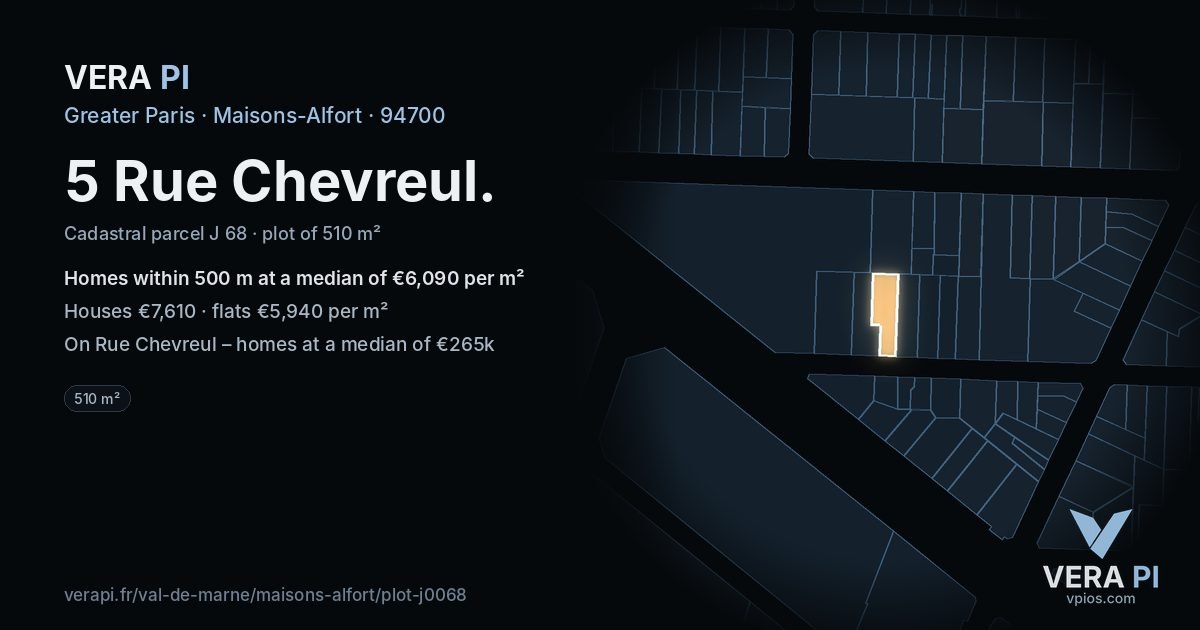 5 Rue Chevreul, Maisons-Alfort at night – the plot lit, the parcels around coloured by the prices near them