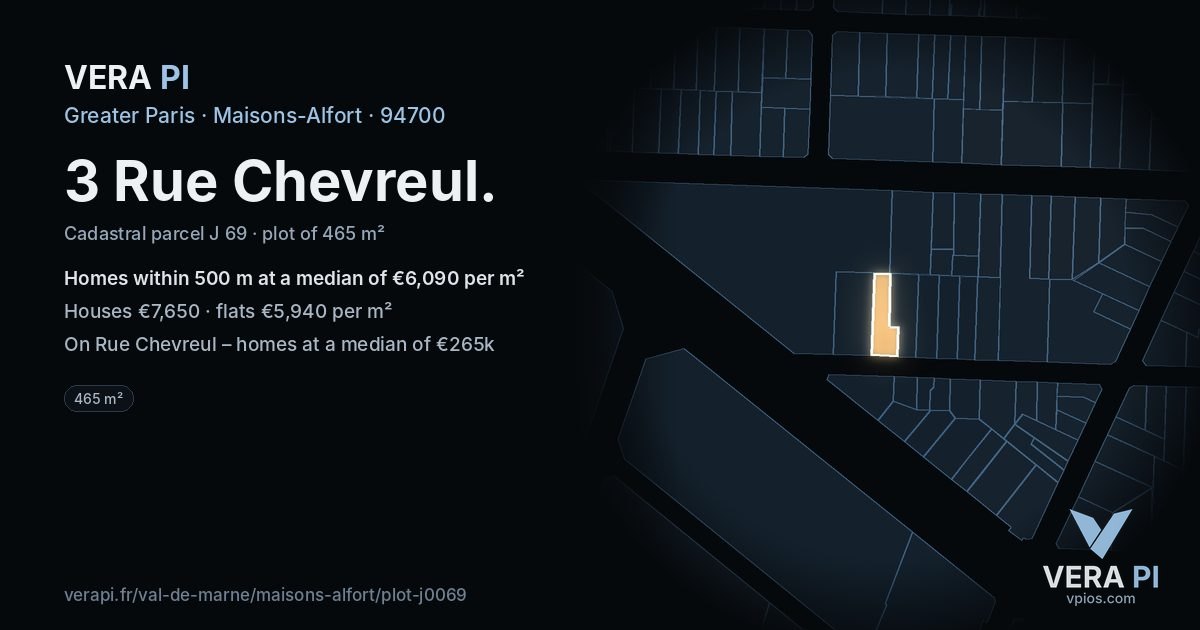 3 Rue Chevreul, Maisons-Alfort at night – the plot lit, the parcels around coloured by the prices near them
