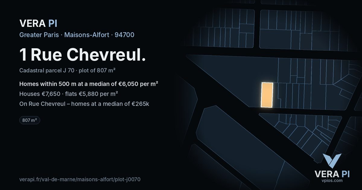 1 Rue Chevreul, Maisons-Alfort at night – the plot lit, the parcels around coloured by the prices near them