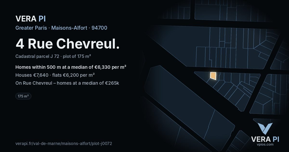 4 Rue Chevreul, Maisons-Alfort at night – the plot lit, the parcels around coloured by the prices near them