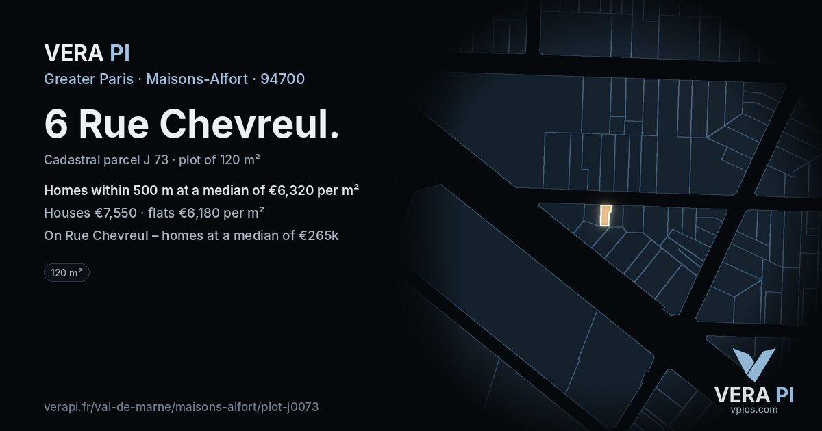6 Rue Chevreul, Maisons-Alfort at night – the plot lit, the parcels around coloured by the prices near them