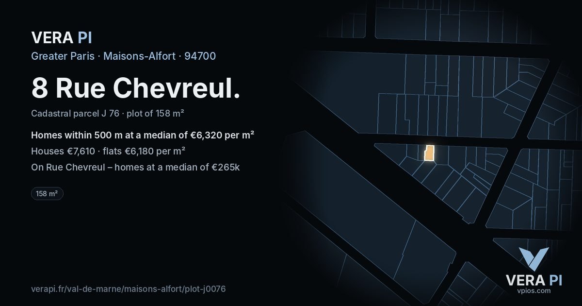 8 Rue Chevreul, Maisons-Alfort at night – the plot lit, the parcels around coloured by the prices near them