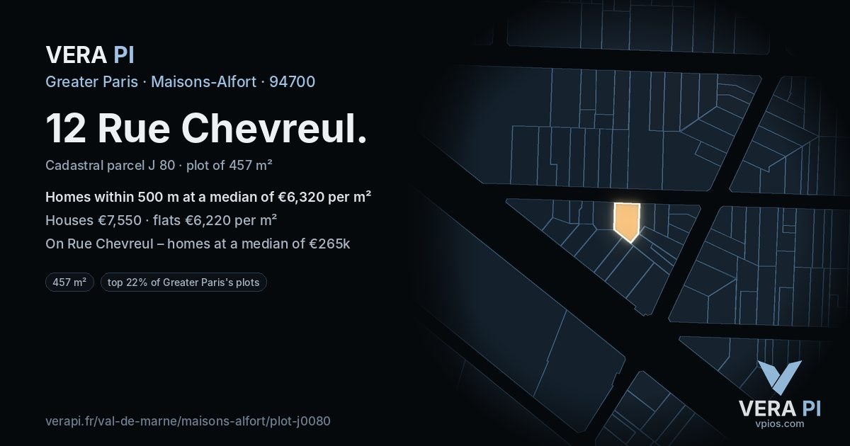 12 Rue Chevreul, Maisons-Alfort at night – the plot lit, the parcels around coloured by the prices near them