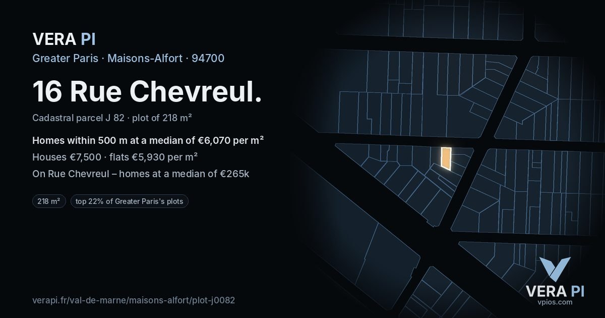 16 Rue Chevreul, Maisons-Alfort at night – the plot lit, the parcels around coloured by the prices near them