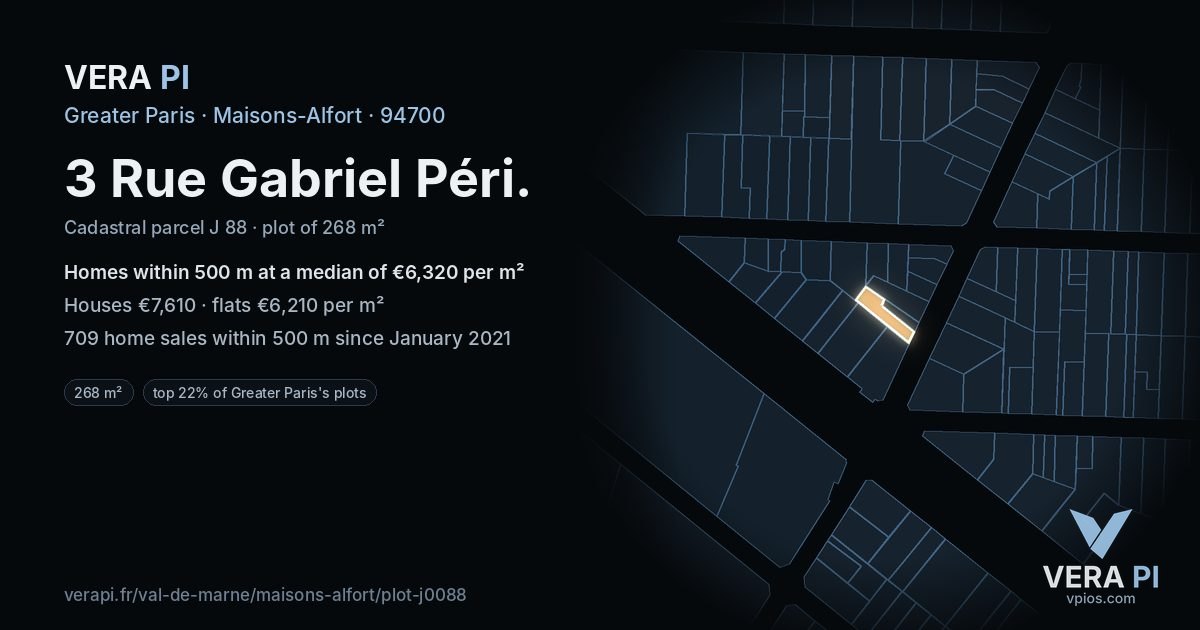 3 Rue Gabriel Péri, Maisons-Alfort at night – the plot lit, the parcels around coloured by the prices near them
