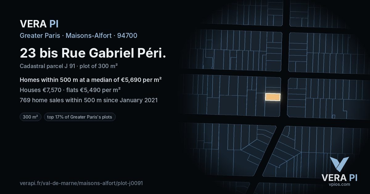 23 bis Rue Gabriel Péri, Maisons-Alfort at night – the plot lit, the parcels around coloured by the prices near them