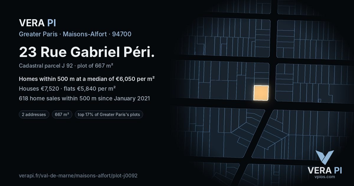 23 Rue Gabriel Péri, Maisons-Alfort at night – the plot lit, the parcels around coloured by the prices near them
