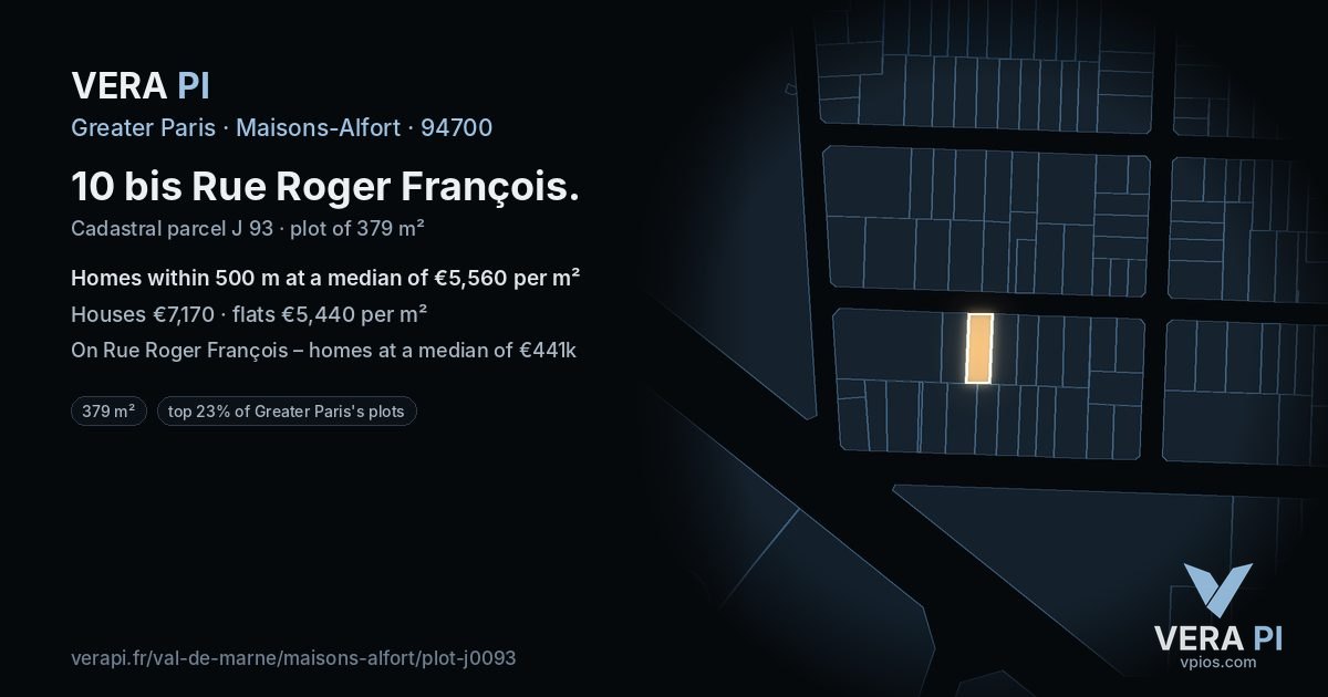 10 bis Rue Roger François, Maisons-Alfort at night – the plot lit, the parcels around coloured by the prices near them