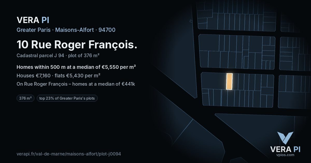 10 Rue Roger François, Maisons-Alfort at night – the plot lit, the parcels around coloured by the prices near them