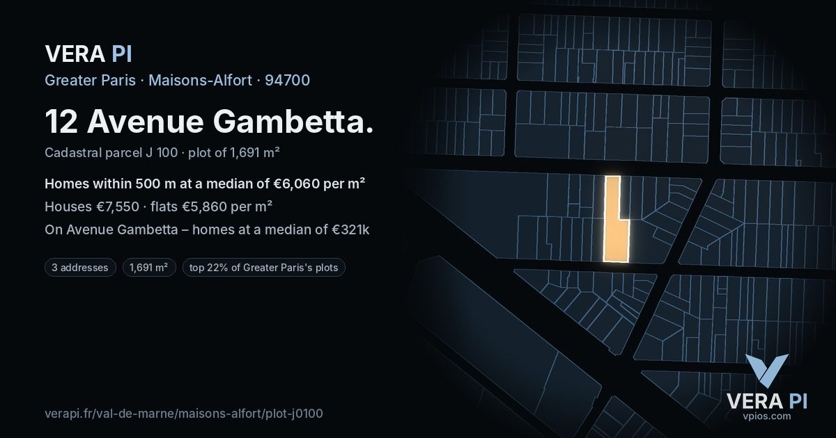 12 Avenue Gambetta, Maisons-Alfort at night – the plot lit, the parcels around coloured by the prices near them