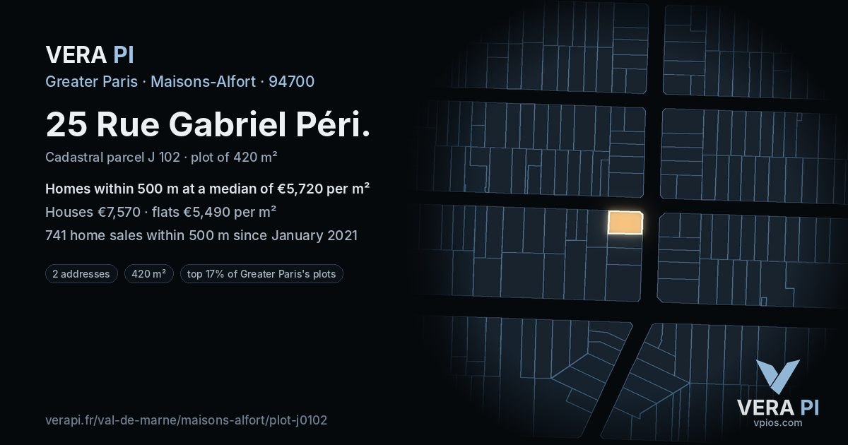 25 Rue Gabriel Péri, Maisons-Alfort at night – the plot lit, the parcels around coloured by the prices near them