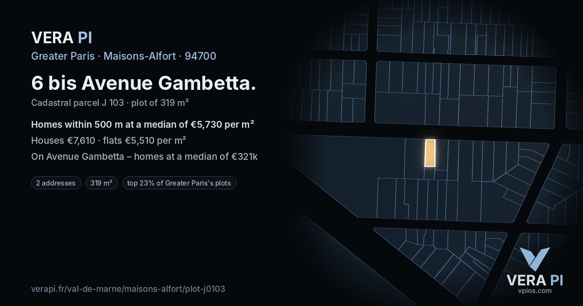 6 bis Avenue Gambetta, Maisons-Alfort at night – the plot lit, the parcels around coloured by the prices near them