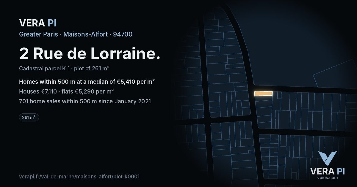 2 Rue de Lorraine, Maisons-Alfort at night – the plot lit, the parcels around coloured by the prices near them