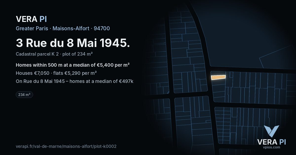 3 Rue du 8 Mai 1945, Maisons-Alfort at night – the plot lit, the parcels around coloured by the prices near them