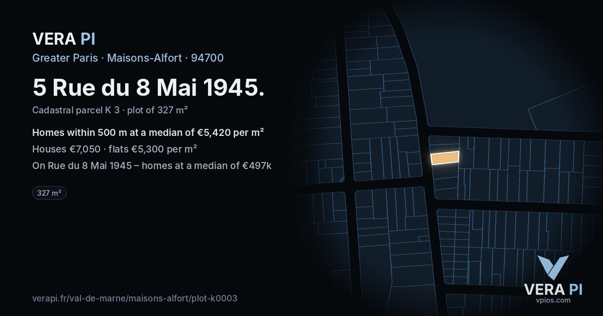 5 Rue du 8 Mai 1945, Maisons-Alfort at night – the plot lit, the parcels around coloured by the prices near them
