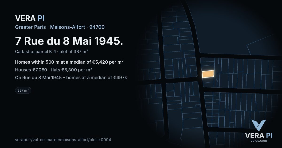 7 Rue du 8 Mai 1945, Maisons-Alfort at night – the plot lit, the parcels around coloured by the prices near them
