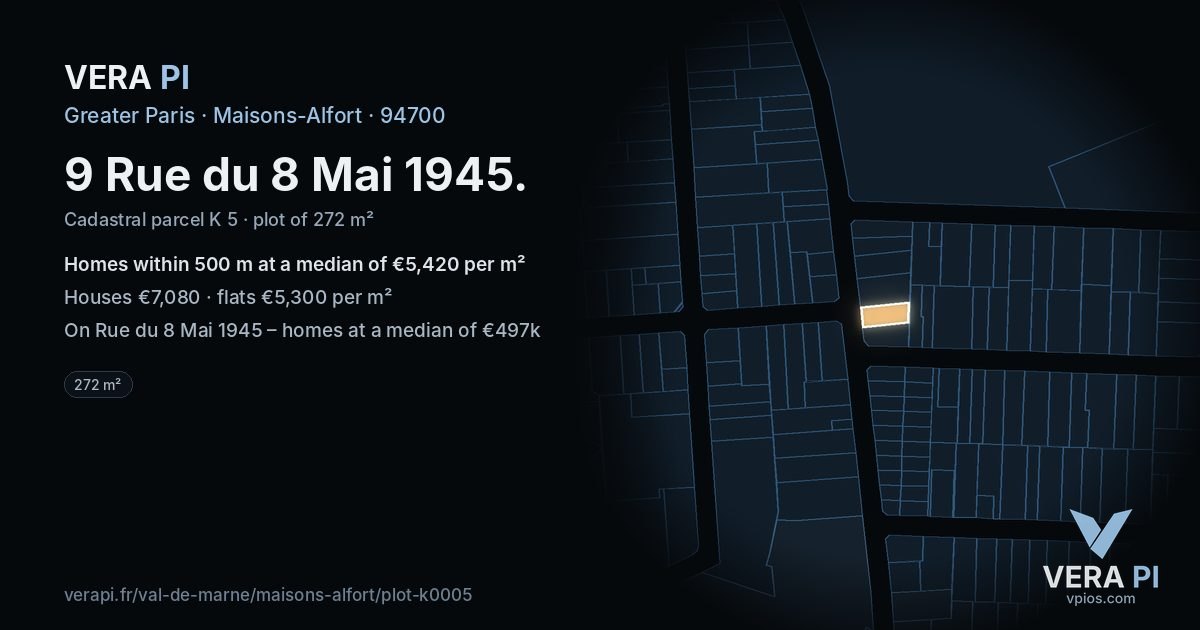 9 Rue du 8 Mai 1945, Maisons-Alfort at night – the plot lit, the parcels around coloured by the prices near them
