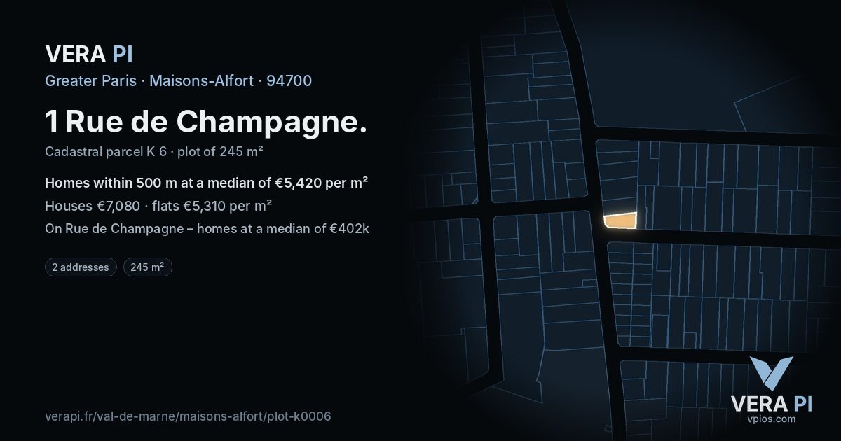 1 Rue de Champagne, Maisons-Alfort at night – the plot lit, the parcels around coloured by the prices near them