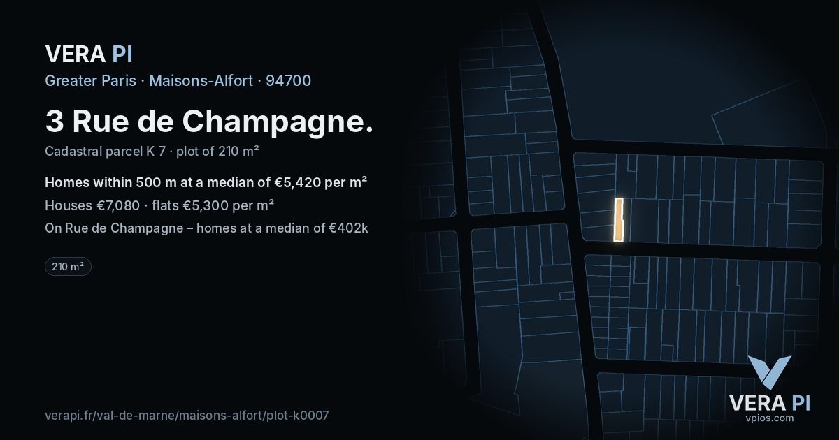 3 Rue de Champagne, Maisons-Alfort at night – the plot lit, the parcels around coloured by the prices near them