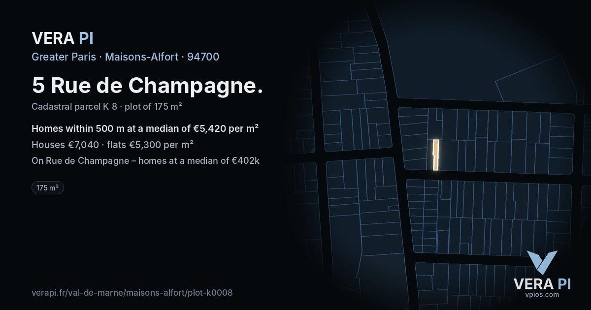5 Rue de Champagne, Maisons-Alfort at night – the plot lit, the parcels around coloured by the prices near them