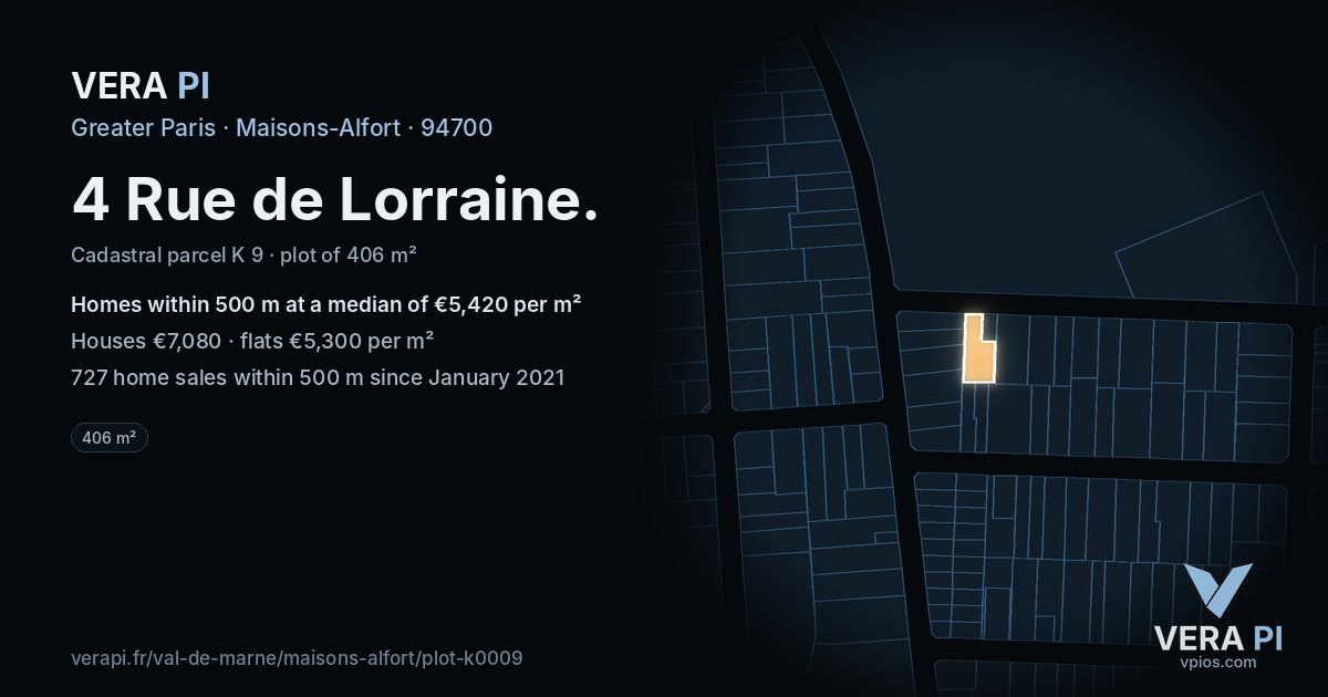 4 Rue de Lorraine, Maisons-Alfort at night – the plot lit, the parcels around coloured by the prices near them