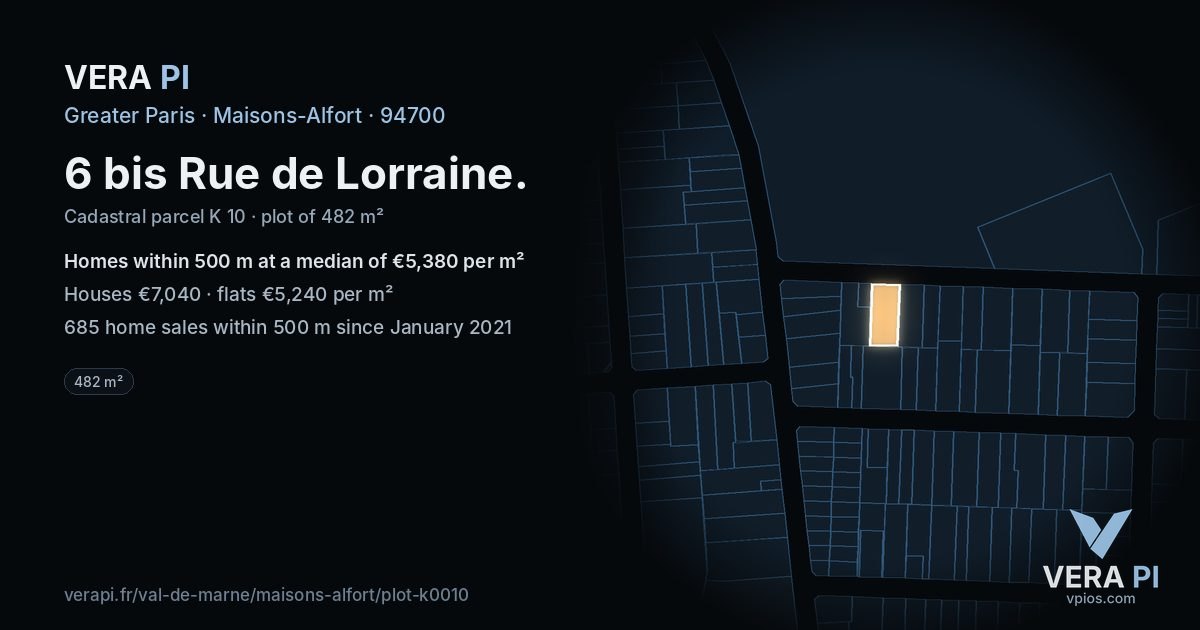 6 bis Rue de Lorraine, Maisons-Alfort at night – the plot lit, the parcels around coloured by the prices near them