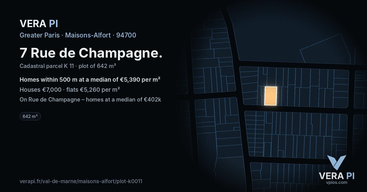 7 Rue de Champagne, Maisons-Alfort at night – the plot lit, the parcels around coloured by the prices near them