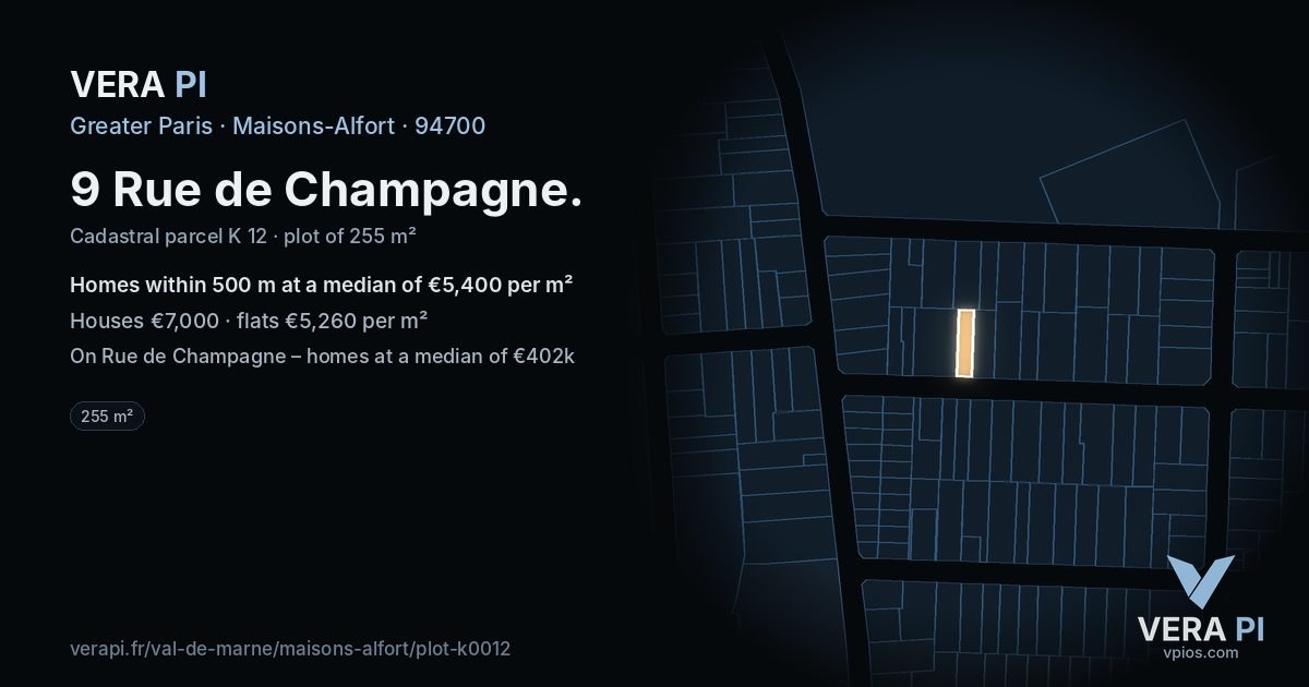 9 Rue de Champagne, Maisons-Alfort at night – the plot lit, the parcels around coloured by the prices near them