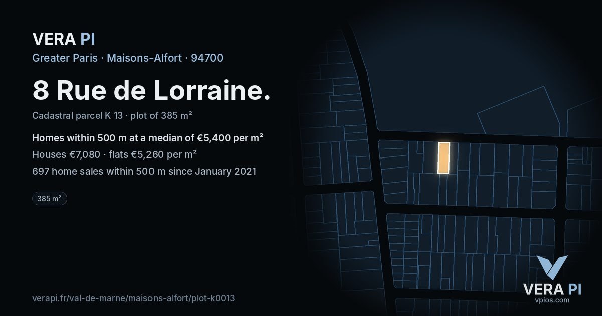 8 Rue de Lorraine, Maisons-Alfort at night – the plot lit, the parcels around coloured by the prices near them