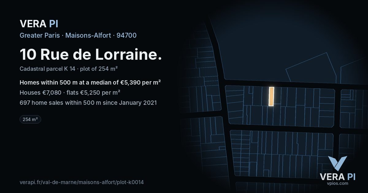 10 Rue de Lorraine, Maisons-Alfort at night – the plot lit, the parcels around coloured by the prices near them