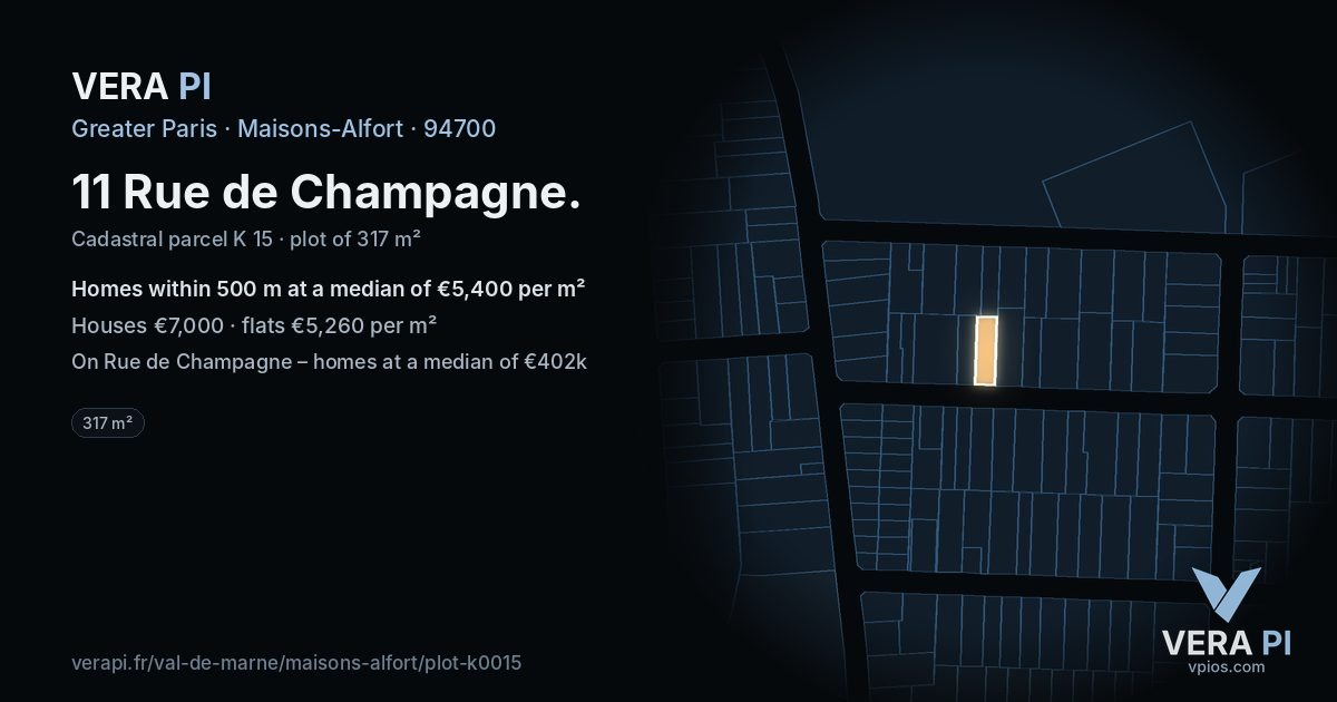 11 Rue de Champagne, Maisons-Alfort at night – the plot lit, the parcels around coloured by the prices near them