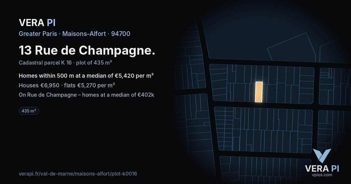 13 Rue de Champagne, Maisons-Alfort at night – the plot lit, the parcels around coloured by the prices near them