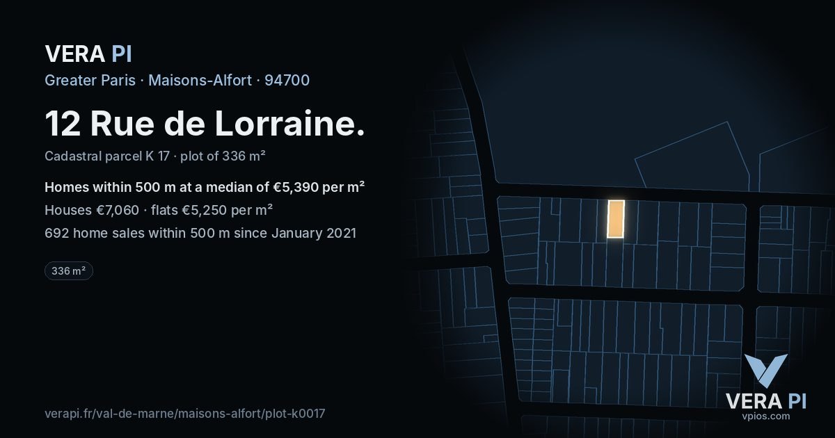 12 Rue de Lorraine, Maisons-Alfort at night – the plot lit, the parcels around coloured by the prices near them