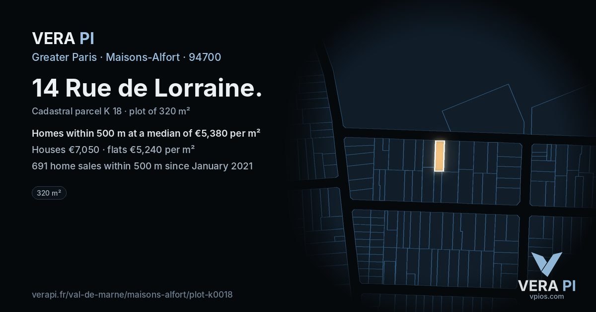 14 Rue de Lorraine, Maisons-Alfort at night – the plot lit, the parcels around coloured by the prices near them