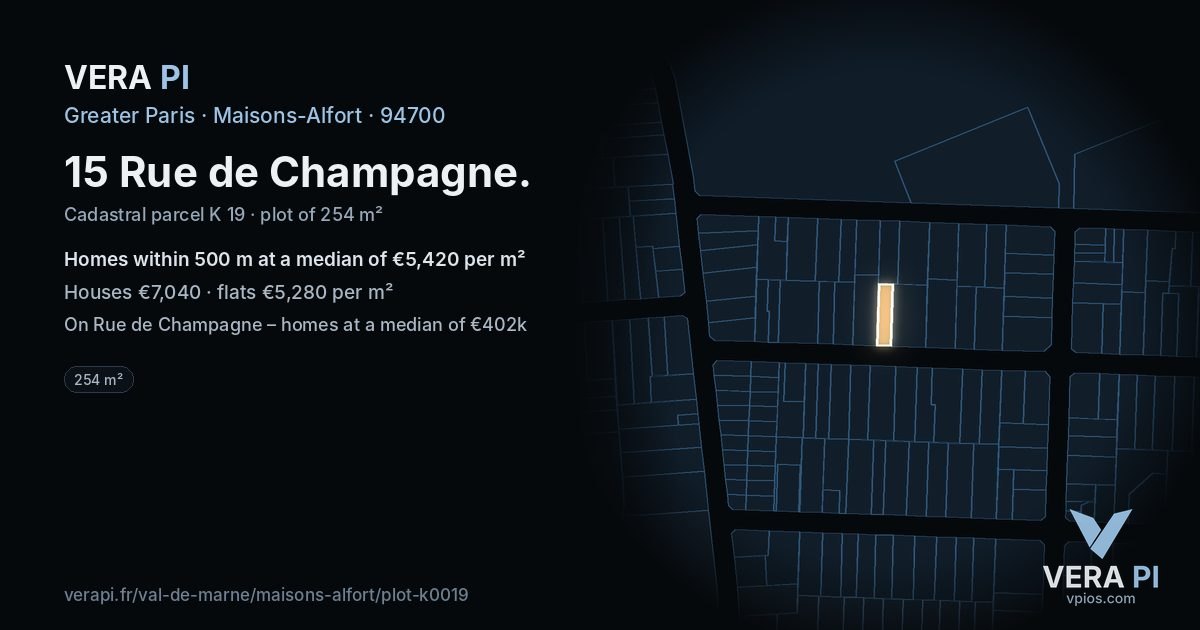 15 Rue de Champagne, Maisons-Alfort at night – the plot lit, the parcels around coloured by the prices near them