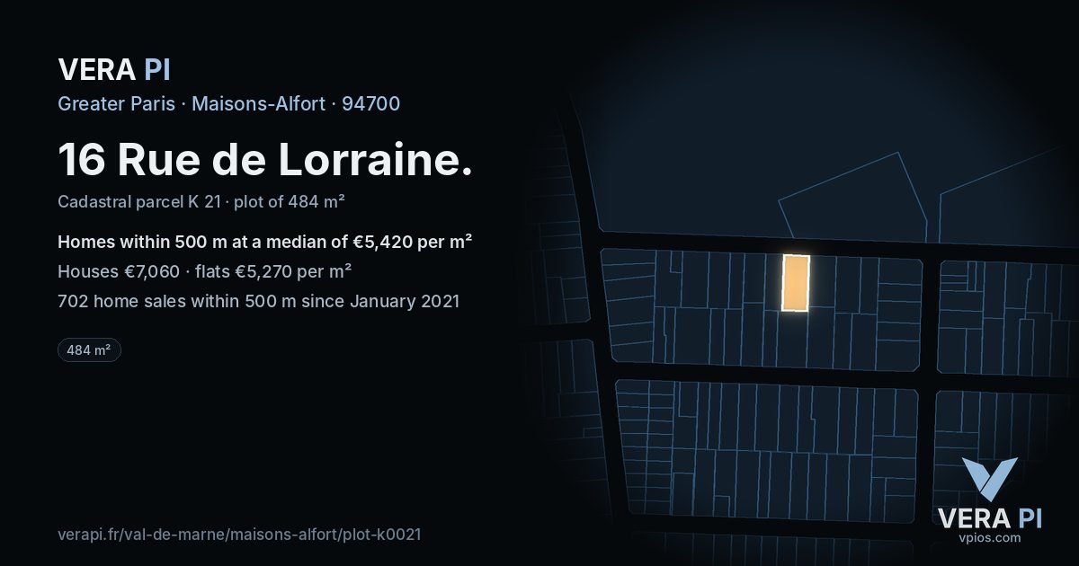 16 Rue de Lorraine, Maisons-Alfort at night – the plot lit, the parcels around coloured by the prices near them