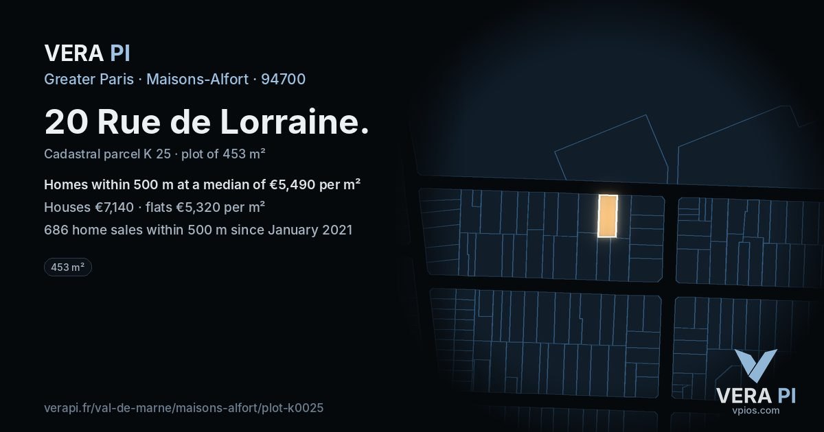 20 Rue de Lorraine, Maisons-Alfort at night – the plot lit, the parcels around coloured by the prices near them