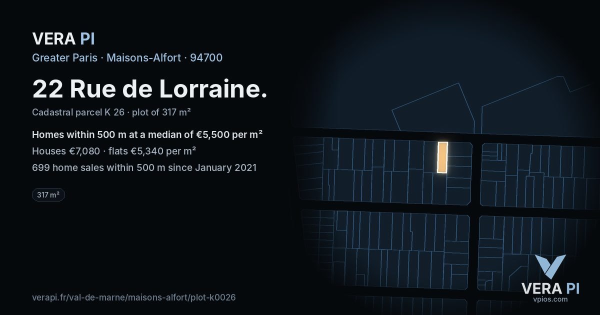 22 Rue de Lorraine, Maisons-Alfort at night – the plot lit, the parcels around coloured by the prices near them