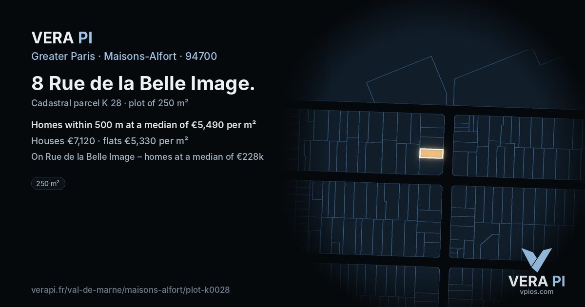 8 Rue de la Belle Image, Maisons-Alfort at night – the plot lit, the parcels around coloured by the prices near them