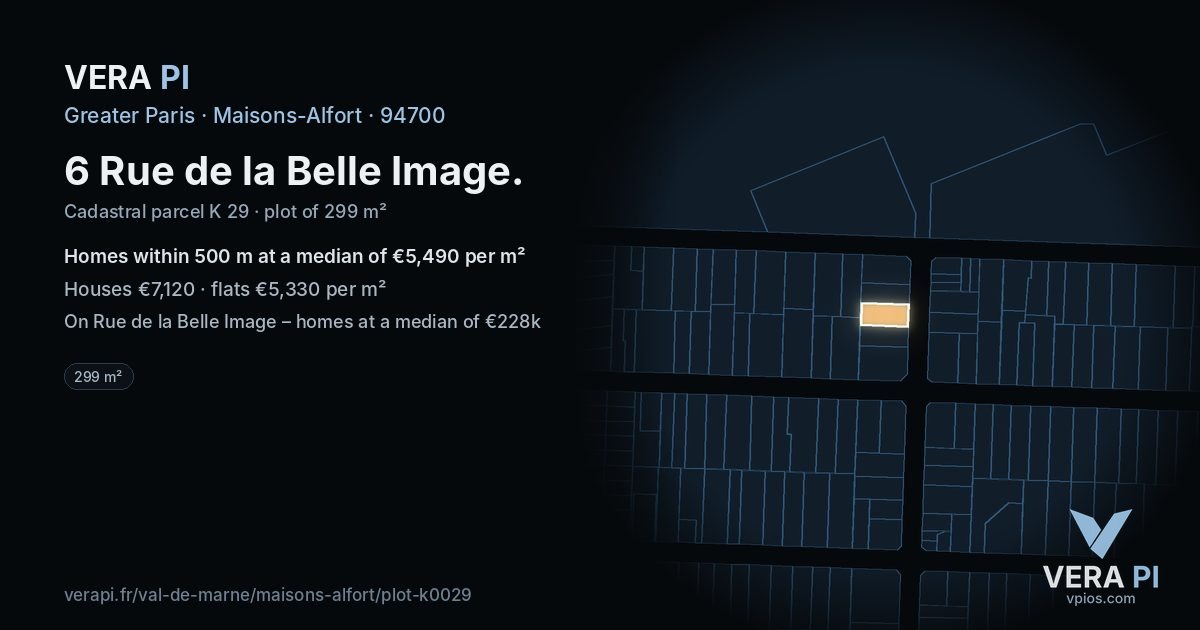 6 Rue de la Belle Image, Maisons-Alfort at night – the plot lit, the parcels around coloured by the prices near them
