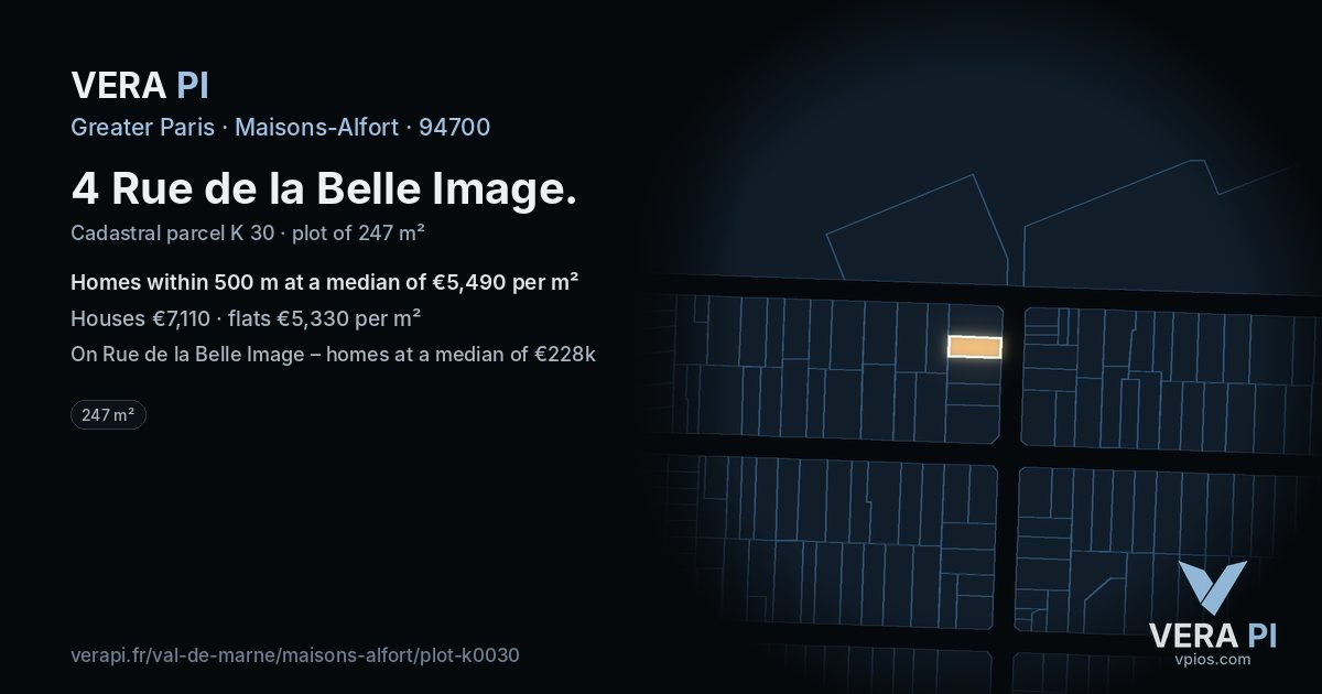 4 Rue de la Belle Image, Maisons-Alfort at night – the plot lit, the parcels around coloured by the prices near them