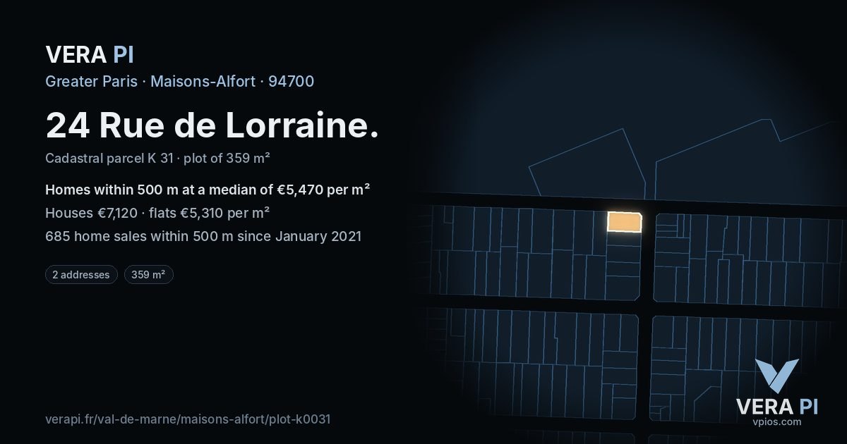 24 Rue de Lorraine, Maisons-Alfort at night – the plot lit, the parcels around coloured by the prices near them