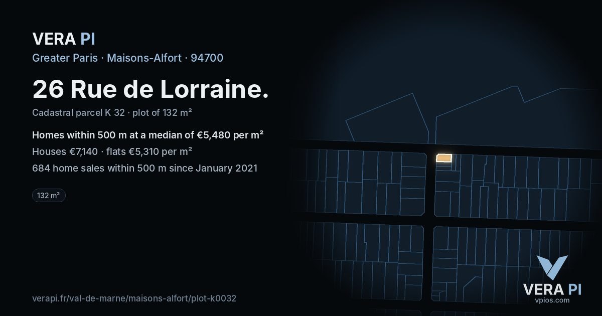 26 Rue de Lorraine, Maisons-Alfort at night – the plot lit, the parcels around coloured by the prices near them