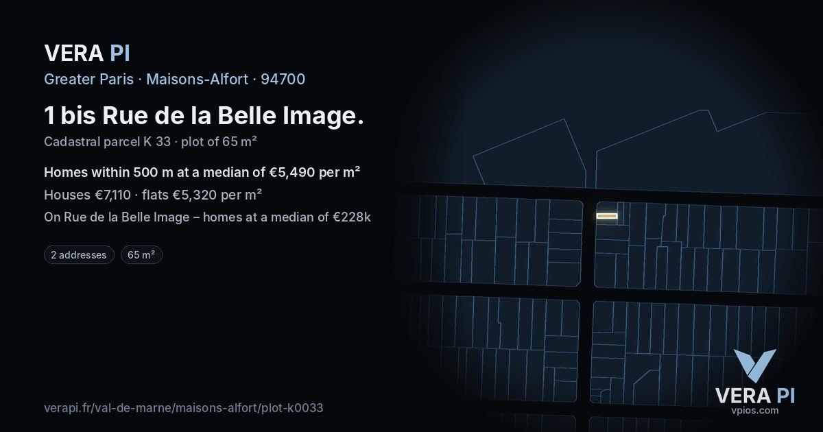 1 bis Rue de la Belle Image, Maisons-Alfort at night – the plot lit, the parcels around coloured by the prices near them