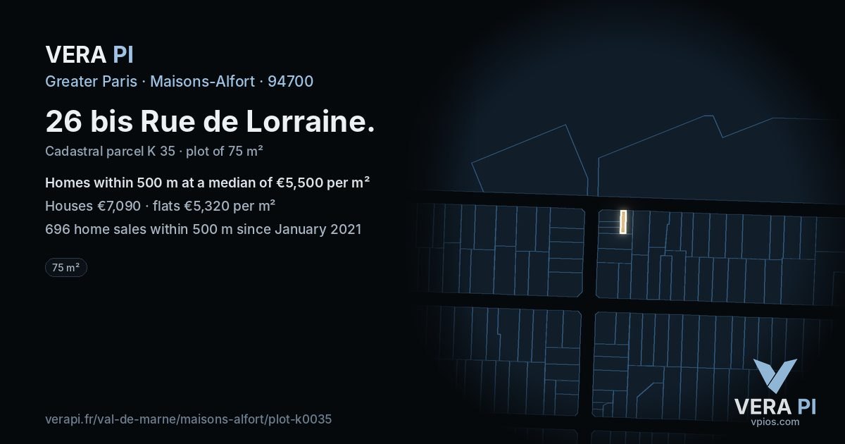 26 bis Rue de Lorraine, Maisons-Alfort at night – the plot lit, the parcels around coloured by the prices near them