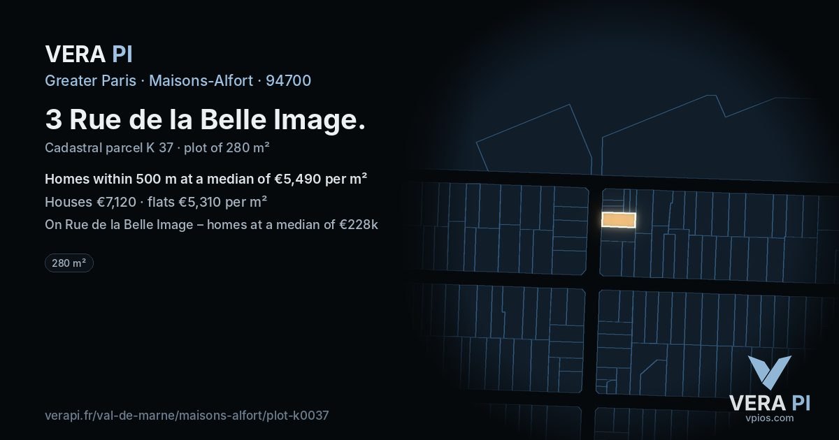 3 Rue de la Belle Image, Maisons-Alfort at night – the plot lit, the parcels around coloured by the prices near them