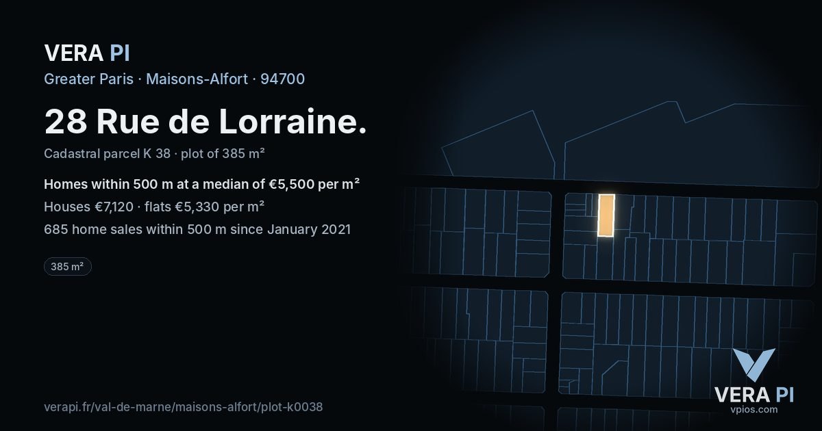 28 Rue de Lorraine, Maisons-Alfort at night – the plot lit, the parcels around coloured by the prices near them