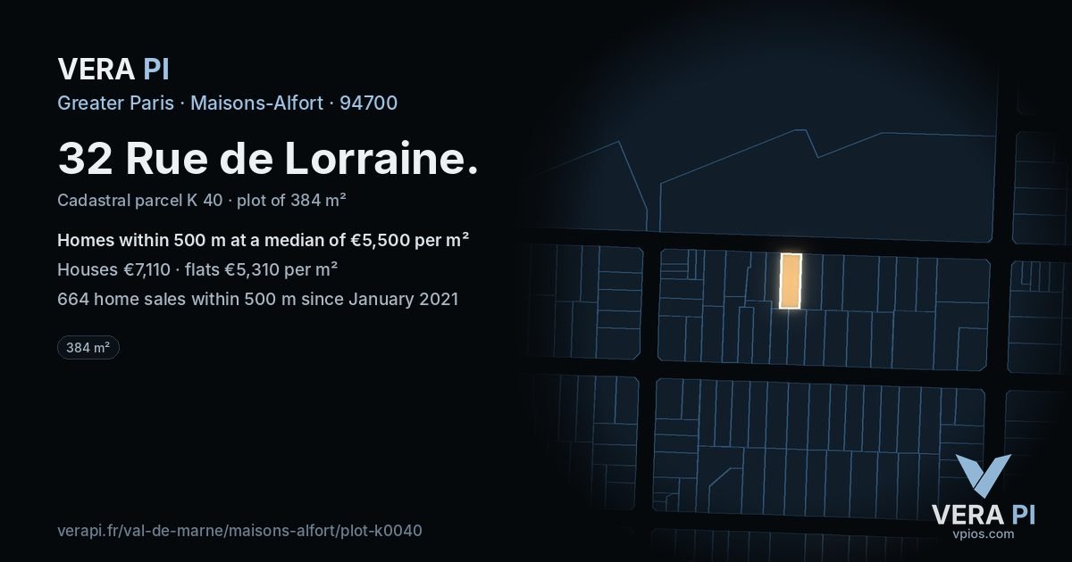 32 Rue de Lorraine, Maisons-Alfort at night – the plot lit, the parcels around coloured by the prices near them