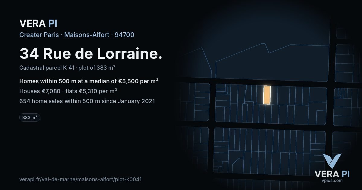 34 Rue de Lorraine, Maisons-Alfort at night – the plot lit, the parcels around coloured by the prices near them