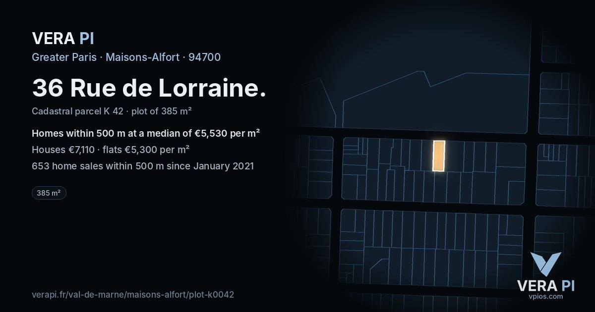 36 Rue de Lorraine, Maisons-Alfort at night – the plot lit, the parcels around coloured by the prices near them